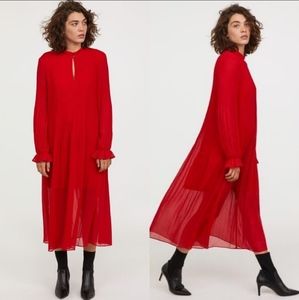 H&M  Red Pleated Chiffon Maxi Dress